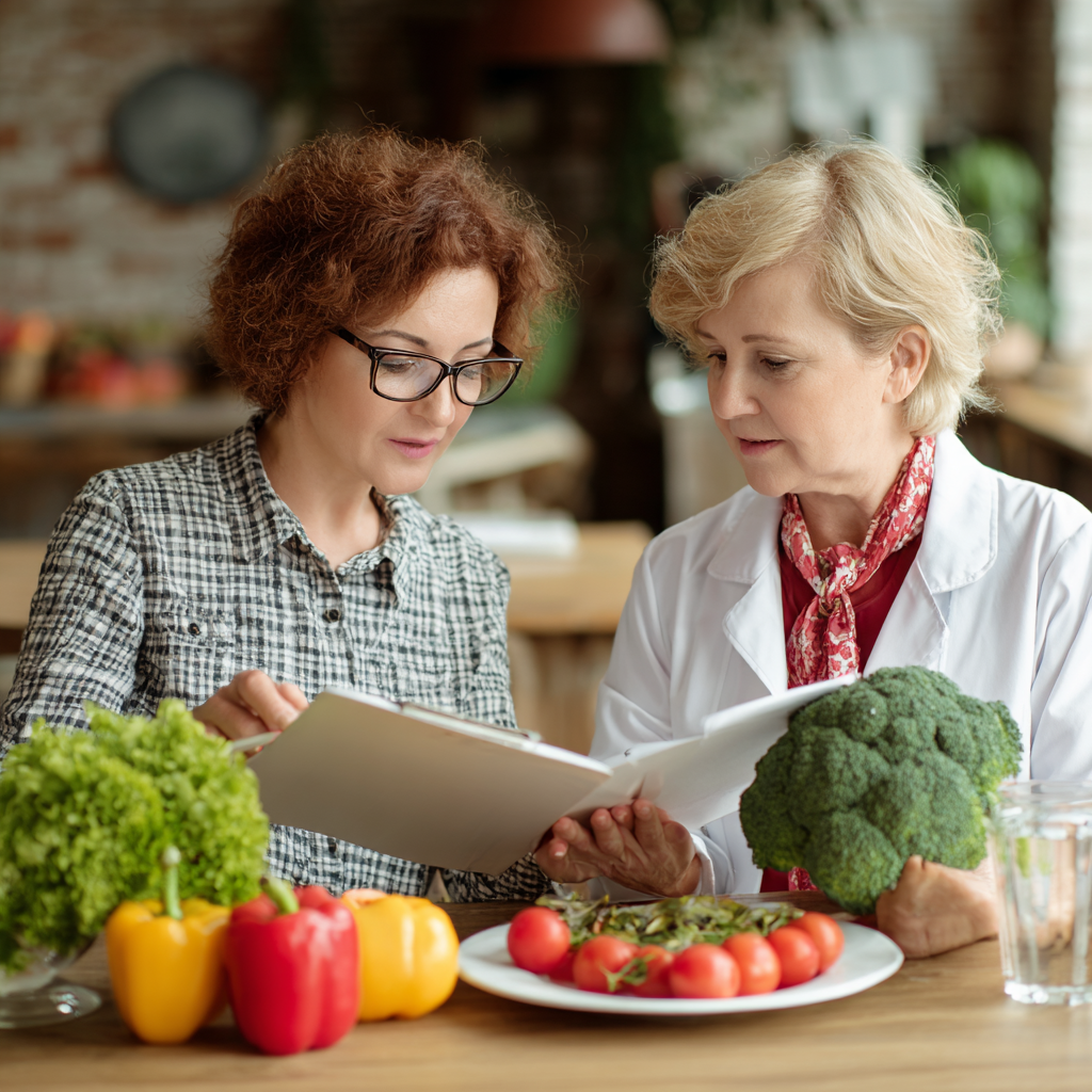 Smiling middle-aged Ukrainian woman in a bright kitchen preparing fresh vegetables and fruits for a healthy meal plan, surrounded by colorful produce and recipe cards