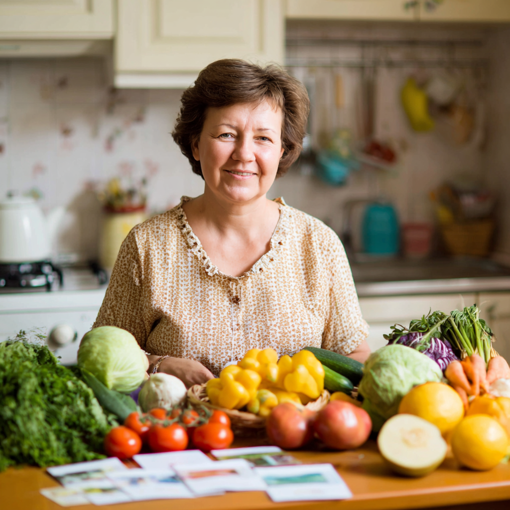 Happy Ukrainian senior couple preparing traditional healthy meal together in modern kitchen, both smiling while chopping fresh vegetables and discussing meal planning